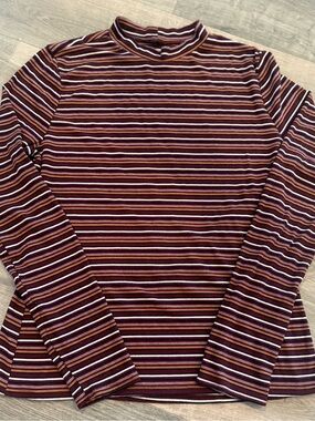 George Striped Ribbed Mock Neck Top in Burgundy, Pink & Mustard